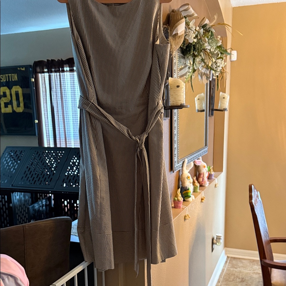 Anne Klein Brown and Cream Striped Sleeveless Midi Dress with Tie Belt